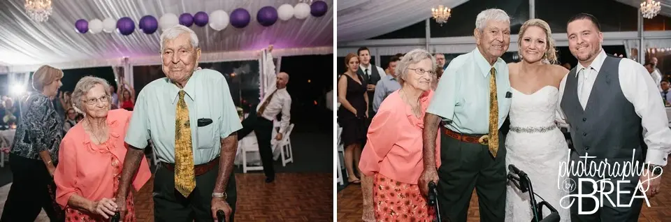 Two photos of an elderly couple dancing with a bride and guests at a tented reception